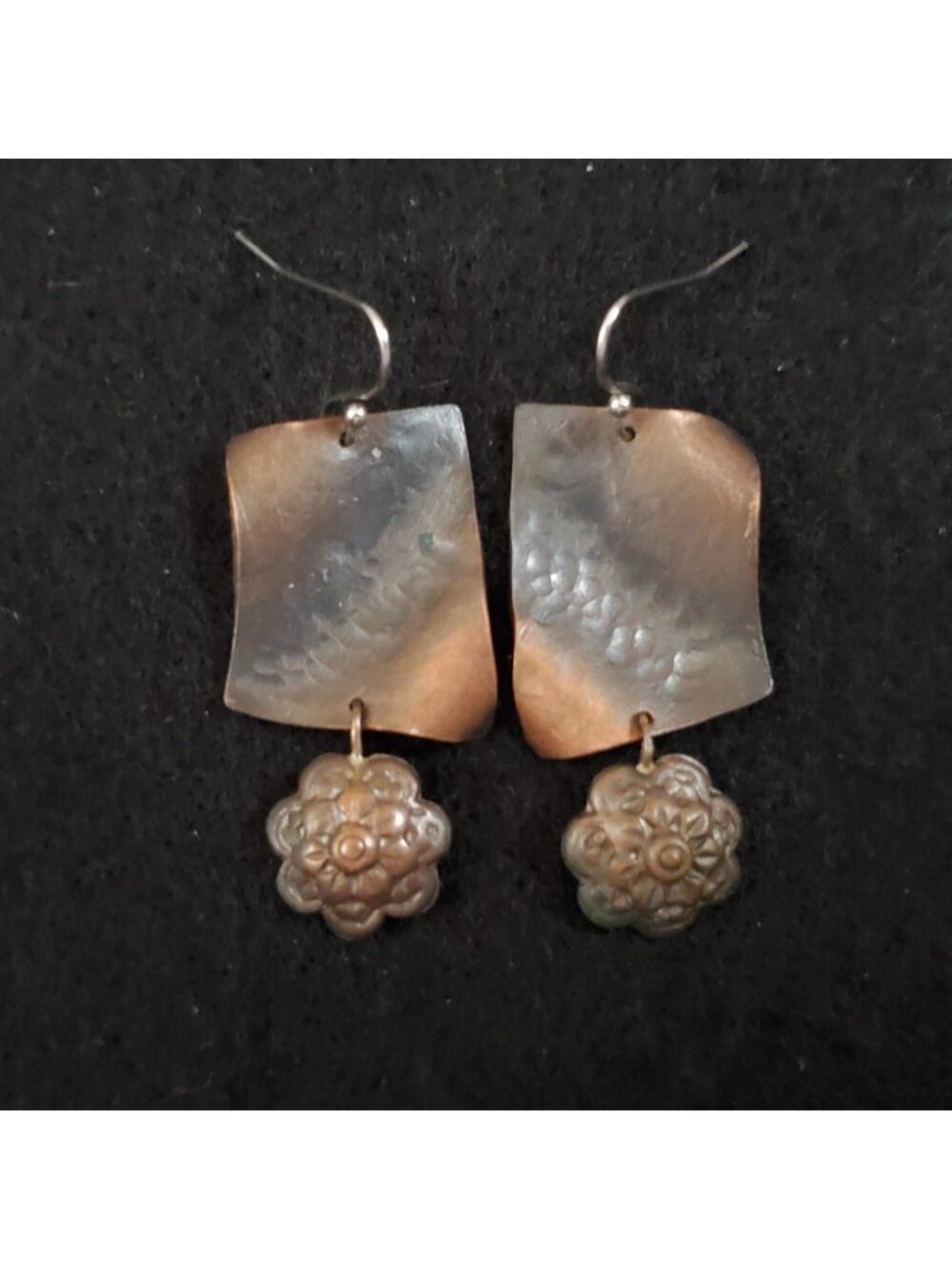 Artisan Earrings Dangle Copper Tone Floral Flower 1.5" Signed DMR